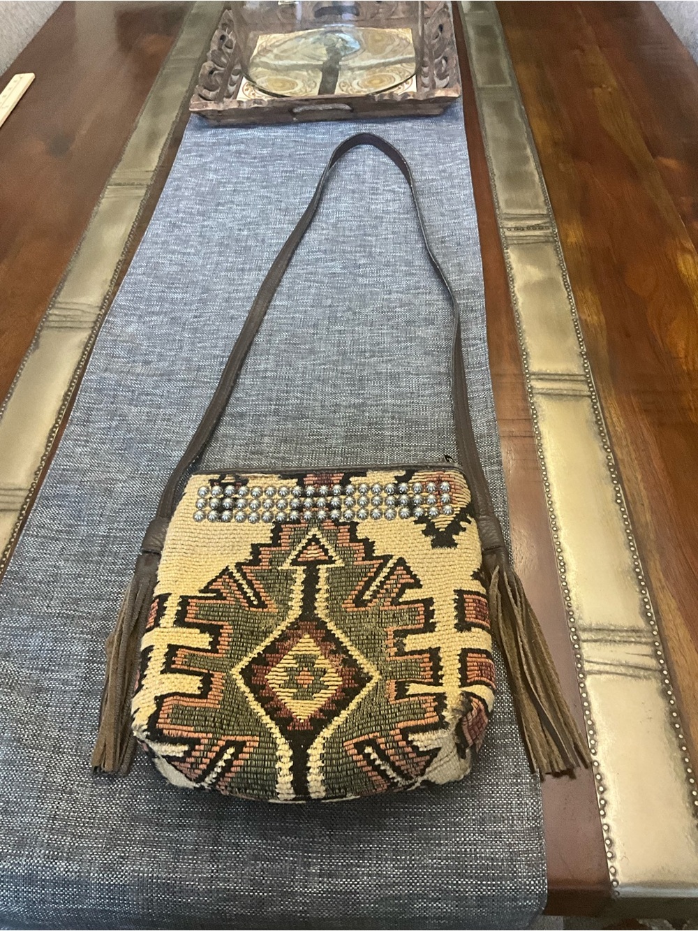 Raviani Boho tapestry and Leather Crossbody Bag with Tassels